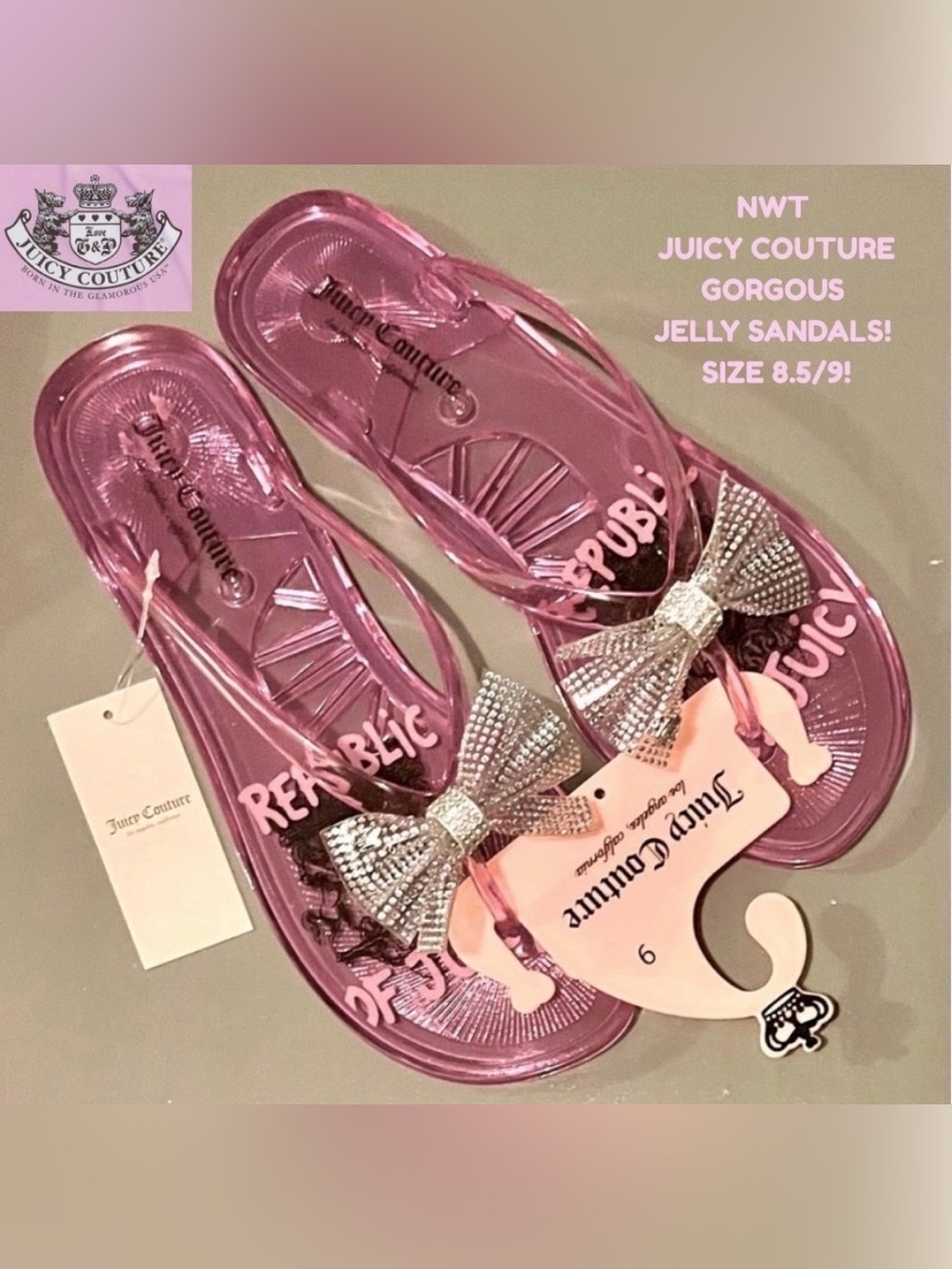 NWT! JUICY COUTURE JELLIE SANDALS! SUPER CUTE! BOWS HAVE ADORABLE EMBELLISHMENT